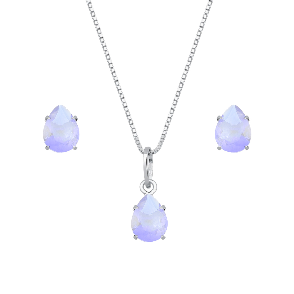 Conjunto de colar e brincos com pedras lilás em formato de gota, sobre fundo claro