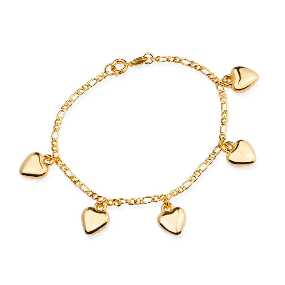 Pulseira com pequenos pingentes de coração e acabamento dourado aparente, sobre fundo claro